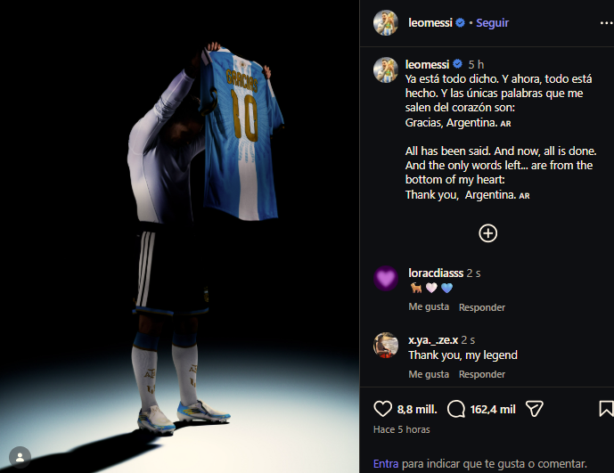 Lionel Messi publica un mensaje de agradecimiento en sus redes sociales tras su partido despedida de la selección argentina de fútbol