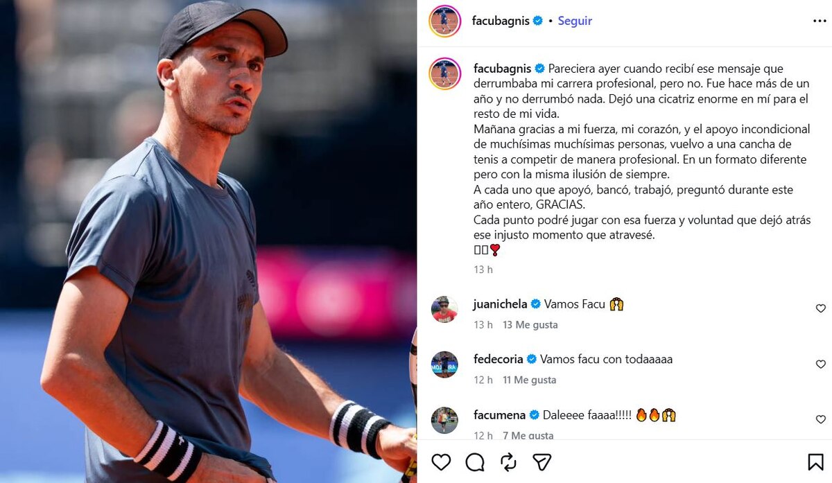 Facundo Bagnis publicó un mensaje en sus redes sociales (Crédito: Instagram / @facubagnis)