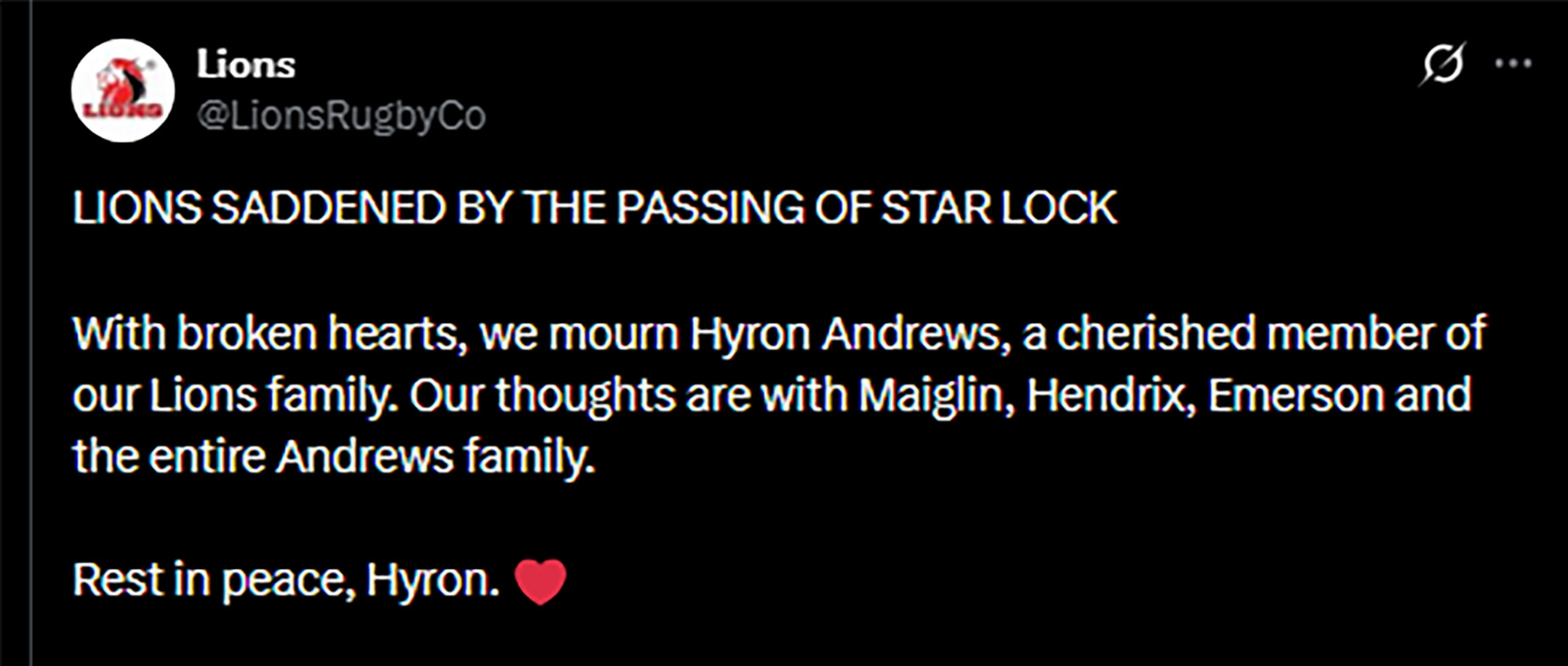 El comunicado de Lyons tras la muerte de Hyron Andrews